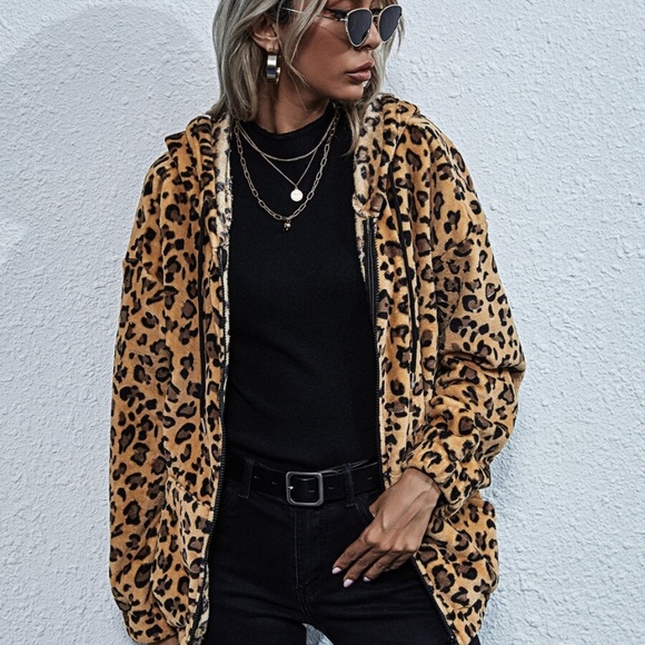 Oversized leopard print hoodie teddy jacket coat - Picture 4 of 7